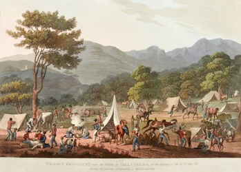 Tropas Bevouackd [sic] perto da Vila de Villa Velha, na noite de 19 de maio de 1811, Shewing [sic] as várias ocupações de um Emcampment, 1810-11